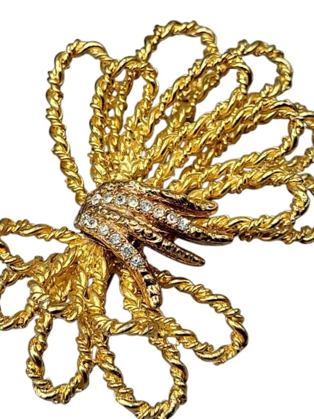 Vintage Bow Brooch Large Twisted Rope w/Rhinestone Accents Bright Gold Tone - Picture 4 of 6